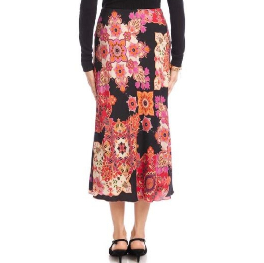 Karen Kane Medallion Floral Midi‎ Skirt Size L Bias Cut - Picture 2 of 15